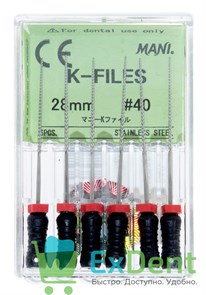 K-Files №40, 28 мм, Mani, ручной каналорасширитель (6 шт) 20993